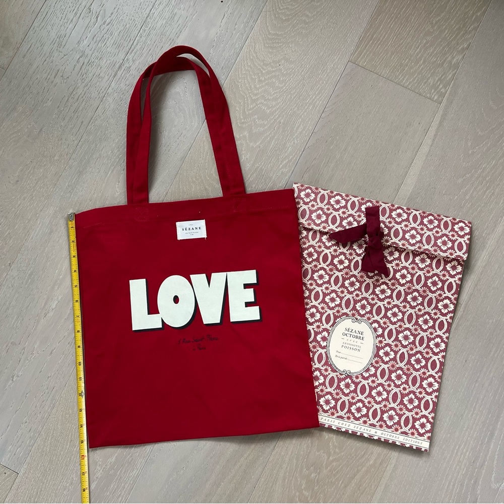 NEW Sezane LOVE Red Cotton Tote Bag plus a gift paper pouch!